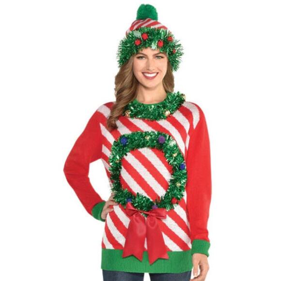 Ugly Sweater Jingle Bell Christmas Wreath Sweater Red Green Size Small/Medium - Picture 1 of 13